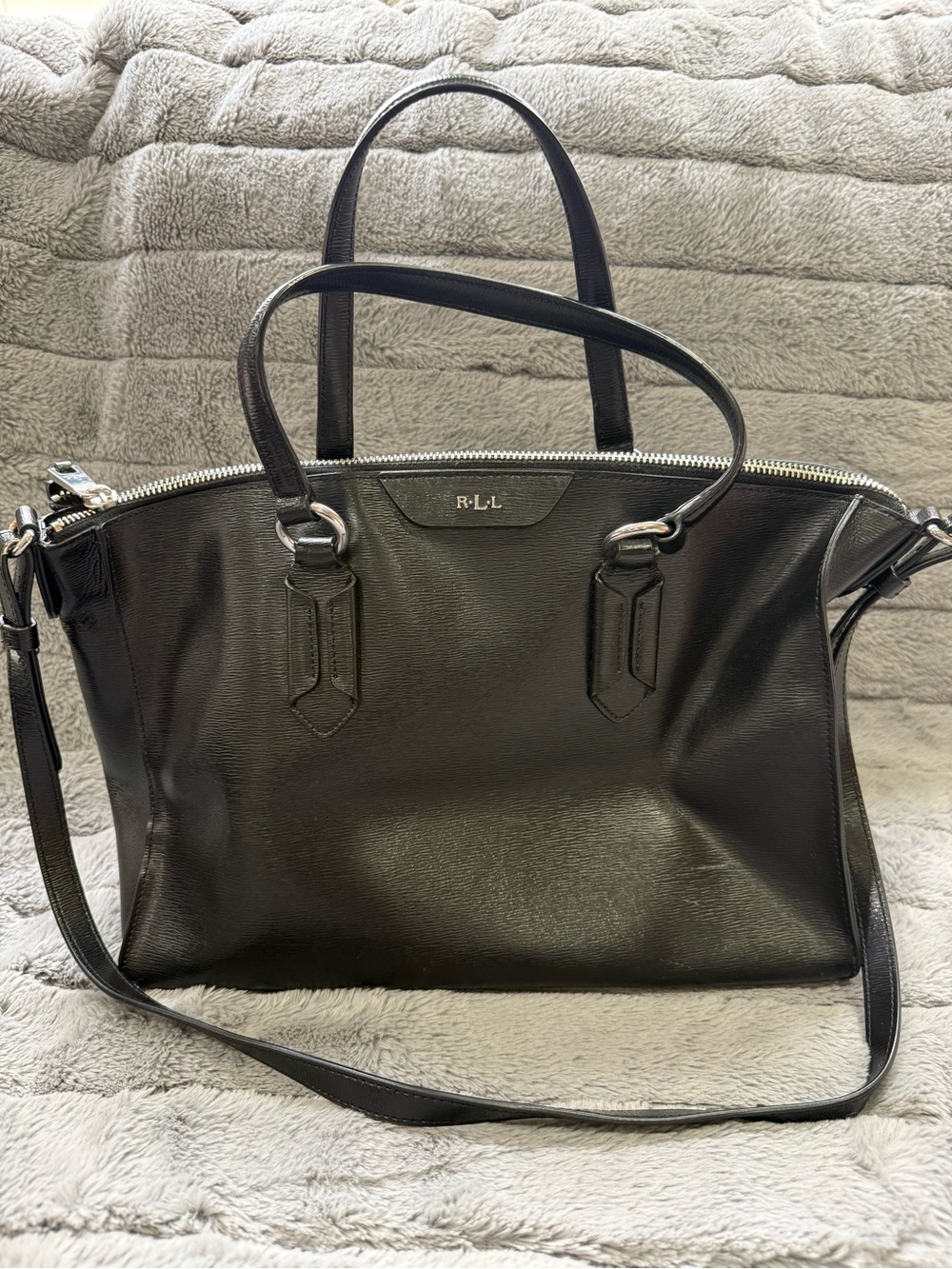 Lauren Ralph Lauren Black Leather Tote Bag with Removable Strap